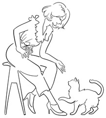 線画-猫と遊ぶ女性