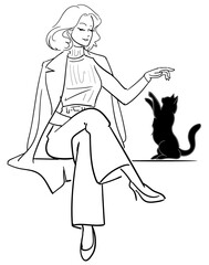 一筆書き-黒猫の相手をする女性