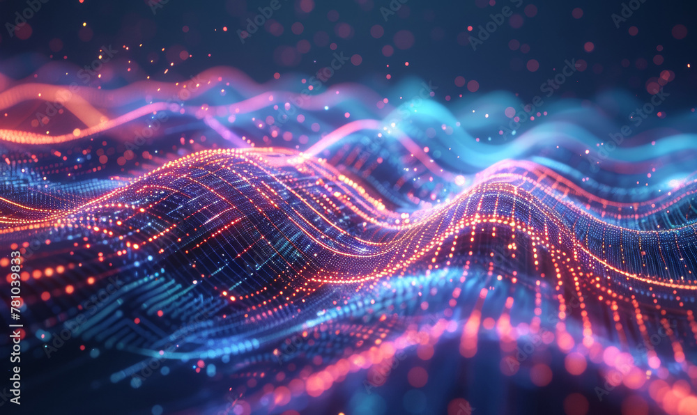 Poster Abstract multicolored digital particles in cyberspace. Futuristic background with bokeh defocused lights