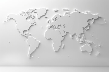 Fototapeta na wymiar White volumetric map of the world on a white wall. Abstract business background, travel, logistics, delivery, world communication.