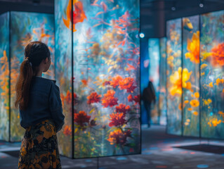 A woman is looking at a display of flowers in a museum