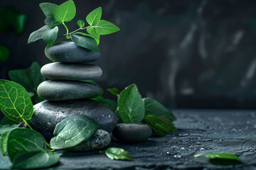 Stack of dark zen stones and leaves on a dark background with copy space, relax background