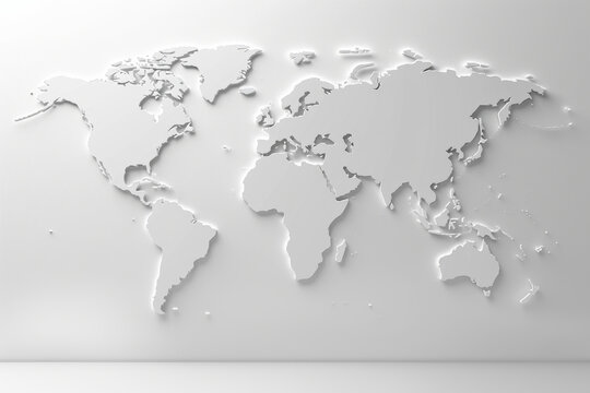 Fototapeta White volumetric map of the world on a white wall. Abstract business background, travel, logistics, delivery, world communication.