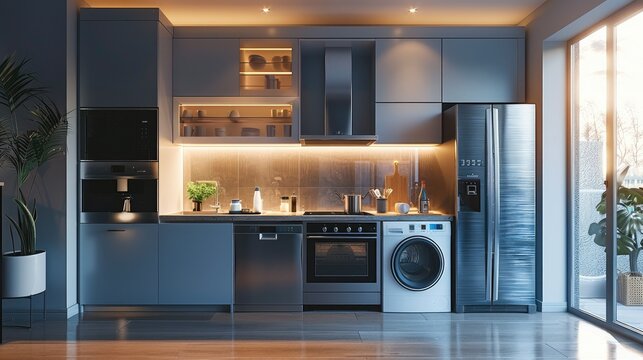 Front view of a modern kitchen, smart home, high-tech, dishwasher, cooker hood, refrigerator, washing machine. Generative AI.