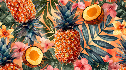 A tropical scene with a pineapple and a flower - obrazy, fototapety, plakaty