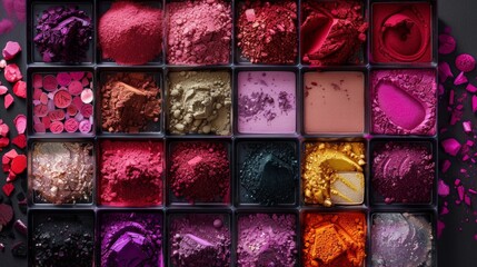 A makeup kit open to reveal an array of colorful powders liquids and creams. Each product is labeled with the color it produces from deep magenta to soft lavender representing the . - obrazy, fototapety, plakaty
