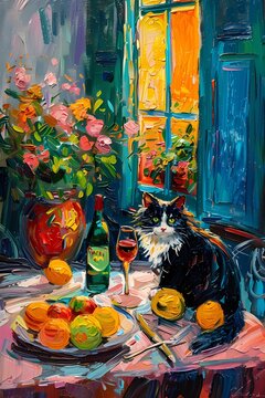 Oil painting features a cat sitting on the dining table  wall art, farmhouse decor, digital art print, wallpaper, background 