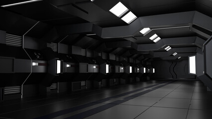 Inside spaceship or space station interior, Sci-Fi tunnel, corridor with empty space, 3D rendering - 781040619