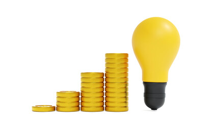 Light bulb with stock of gold coin, get idea to make money. 3D rendering.