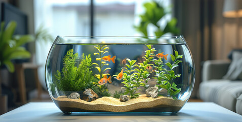 Freshwater aquarium in clean and bright environment, placed on clean table. Generative AI.