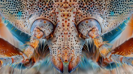 A magnified view of a beetles labium showing a symmetrical arrangement of soft y structures used for tasting and guiding food towards - obrazy, fototapety, plakaty