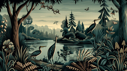 Fototapeta na wymiar Vintage wallpaper of forest landscape with lake, plants, trees, birds. Generative AI
