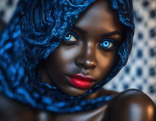 Indigo Elegance: African Woman with Deep Blue Eyes