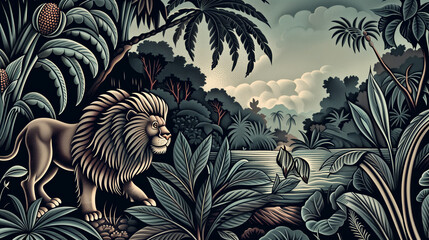 Vintage wallpaper of forest landscape with Lion, plants, trees