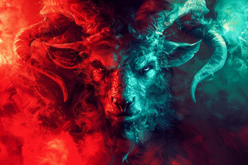Abstract Artistic Representation of a Ram with a Vivid Blue and Red Color Contrast, Symbolizing Zodiac Sign Aries