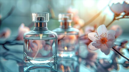 Fresh spring romantic, stylish transparent glass perfume bottles. parfumerie. Generative AI. - obrazy, fototapety, plakaty
