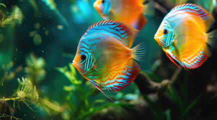 Fototapeta na wymiar A group of colorful discus fish are swimming in an aquarium, with some floating at the bottom and others near water plants