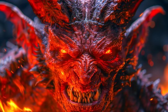 Intense Fiery Red Demon with Glowing Eyes in a Dark Eerie Atmosphere Fantasy Monster Concept Art