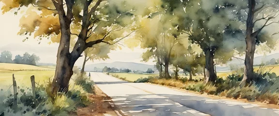 Foto op Canvas A painting of a road with trees on either side. The trees are in the foreground and background. The road is empty and the sky is clear © Павел Кишиков