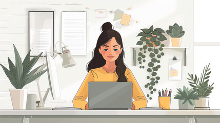 Marketing professional at her desk in an office, Vector illustration style. Generative AI.