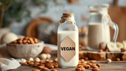 Foto op Plexiglas Vegan almond milk in a glass jar among almonds on a wooden table  © Tatiana