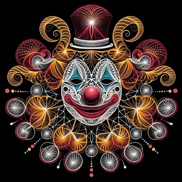 An image of a circus clown in the style of spirograph.
