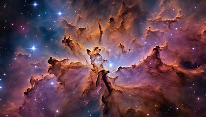 A colorful cloud of gas and dust in space with a bright star in the center. Concept of wonder and awe at the vastness and beauty of the universe - obrazy, fototapety, plakaty