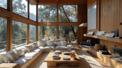 Fototapeta na wymiar Beautiful modern minimalist living room interior with wooden floors and large floor-to-ceiling windows 