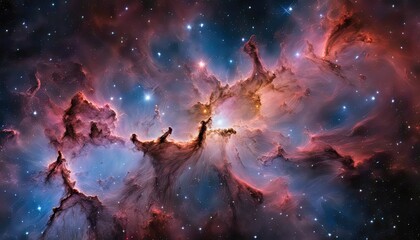 A colorful nebula with a pinkish hue. The stars are scattered throughout the image, with some closer to the foreground and others further away. Scene is one of wonder and awe - obrazy, fototapety, plakaty