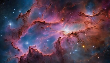 A colorful space scene with a pink and blue cloud in the middle. The stars are scattered throughout the sky, with some closer to the foreground and others further away. Scene is one of wonder and awe
