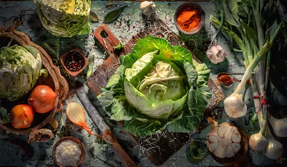 Foto op Plexiglas frischer Weißkohl in einer rustikalen Bauernküche © Juergen Wiesler