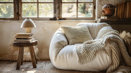 Cozy Reading Nook with Plush Armchair and Knitted Throw