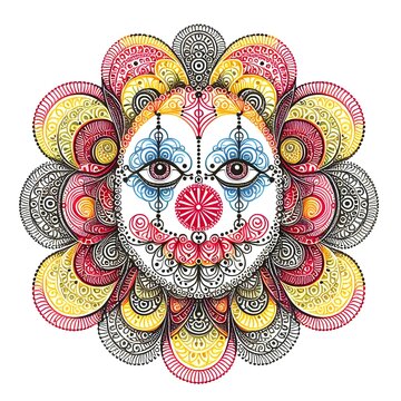 An image of a circus clown in the style of spirograph.

