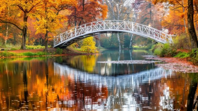 A picturesque view with a charming footbridge reflecting a colorful autumn landscape on the surface of the tranquil pond creating . .