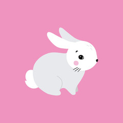 Bunny illustration, cute rabbit, hare. Gray, white, pink set of cutie animal portrait in pastel colors. Stickers, wall art, kids room decoration, easter