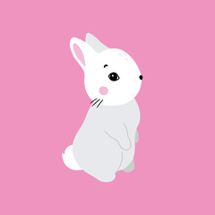 Bunny illustration, cute rabbit, hare. Gray, white, pink set of cutie animal portrait in pastel colors. Stickers, wall art, kids room decoration, easter