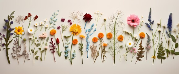 Bright and cheerful top-down perspective of assorted wildflowers with a plain backdrop, ideal for text insertion.