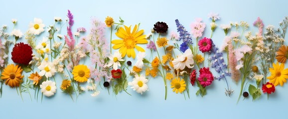 Bright and cheerful top-down perspective of assorted wildflowers with a plain backdrop, ideal for text insertion.