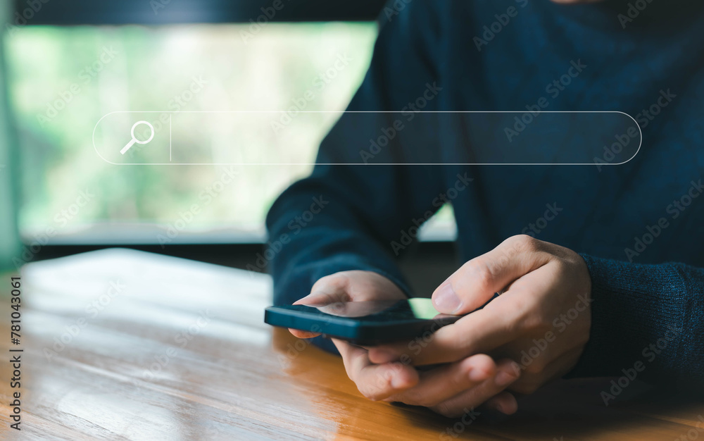 Poster businessman using a smartphone show a search bar. concept of keyword search engines, web browser inf