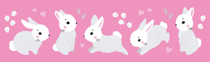 Bunny illustration, cute rabbit, hare. Gray, white, pink set of cutie animal portrait in pastel colors. Stickers, wall art, kids room decoration, easter