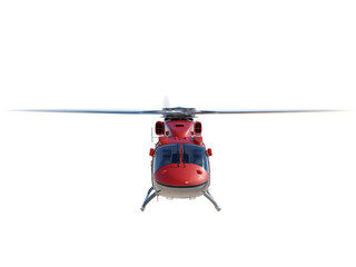 Flying red helicopter. front view. isolated