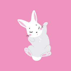 Bunny illustration, cute rabbit, hare. Gray, white, pink set of cutie animal portrait in pastel colors. Stickers, wall art, kids room decoration, easter