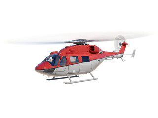 Flying red helicopter. perspective side view. isolated 