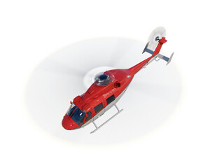 Flying red helicopter. perspective top view. isolated