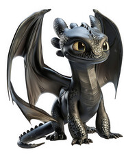 A black dragon with yellow eyes is sitting on a white background