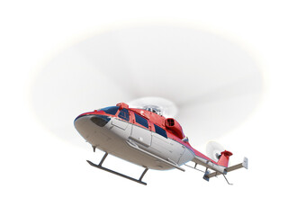 Flying red helicopter. perspective bottom view. isolated
