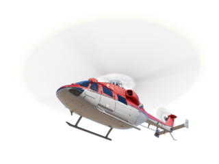 Flying red helicopter. perspective bottom view. isolated