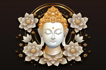 Glowing golden buddha face decorated with white and gold lotus flowers