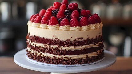 A classic red velvet birthday cake layered with cream cheese frosting and garnished with chocolate shavings and fresh raspberries