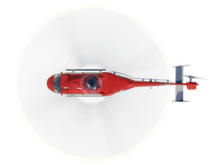 Flying red helicopter. top view. isolated